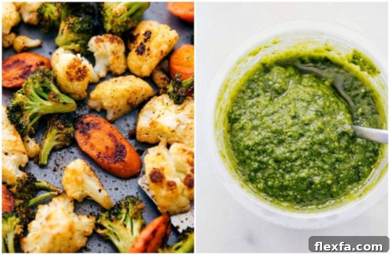 These Pesto Veggie Bowls are incredibly delicious, featuring perfectly roasted cauliflower, broccoli, and carrots served atop a bed of easy 5-minute pesto couscous. This simple yet satisfying vegetarian meal is loaded with flavor, essential protein, and beneficial healthy fats, making it a complete and nourishing dish. Recipe via ChelseasMessyApron.com Overhead image showcasing the perfectly roasted vegetables, including broccoli, cauliflower, and carrots, alongside a bowl of vibrant pesto, all prepared for these delicious Pesto Veggie Bowls.