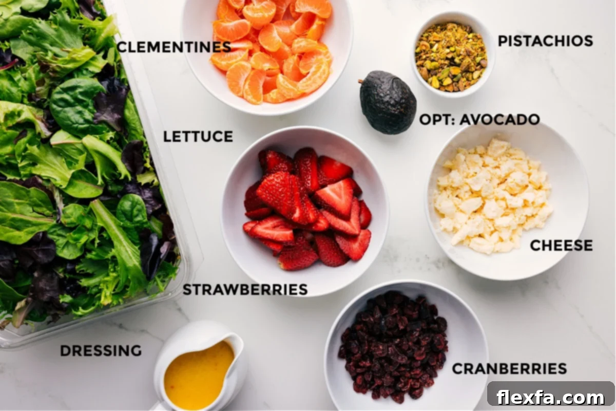 All ingredients prepped for easy assembly, including the fruit, pistachios, avocado, cheese, cranberries, dressing, and lettuce.