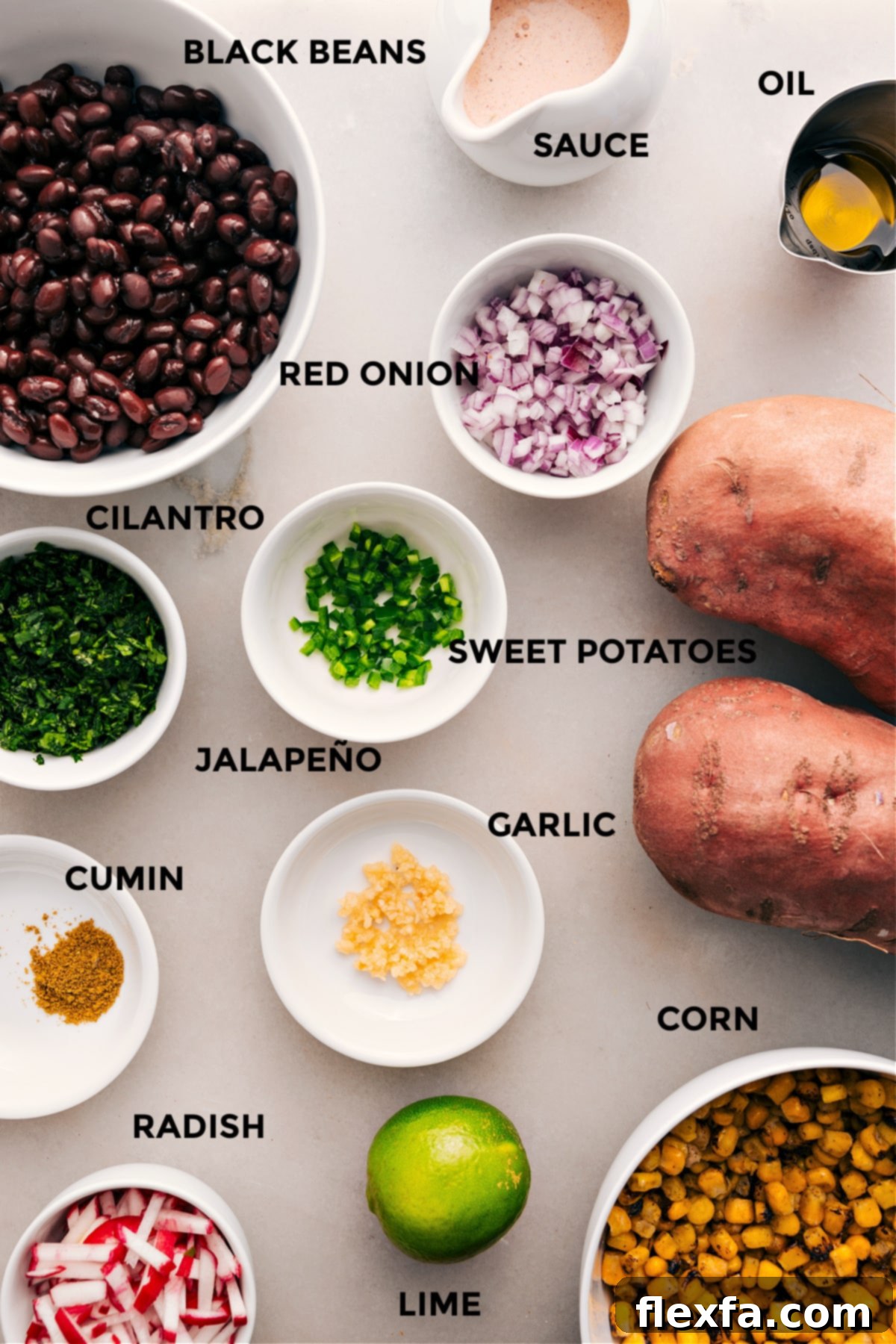 All the fresh ingredients laid out for easy assembly: black beans, creamy sauce, olive oil, red onion, fresh cilantro, sweet potatoes, fire-roasted corn, minced garlic, crisp radishes, and bright lime.