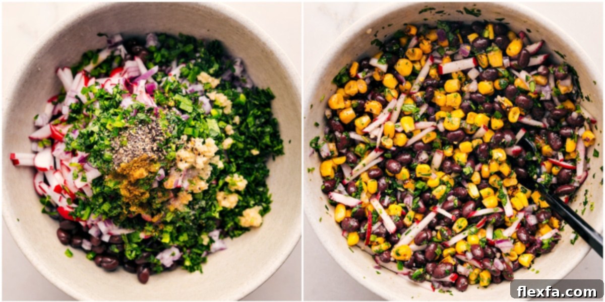 Combining black beans, corn, fresh herbs, seasonings, garlic, and radishes to create the delicious Southwestern topping mix.