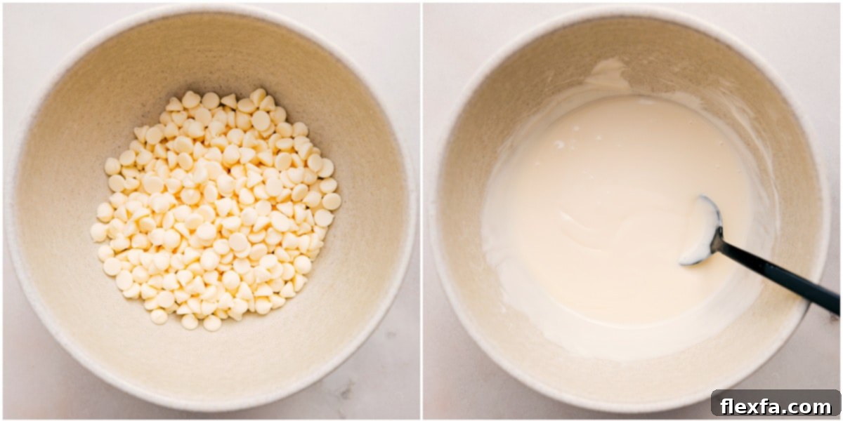 White chocolate is melting, ready to drizzle over and mix into the Leprechaun Bait, creating a smooth, creamy coating.