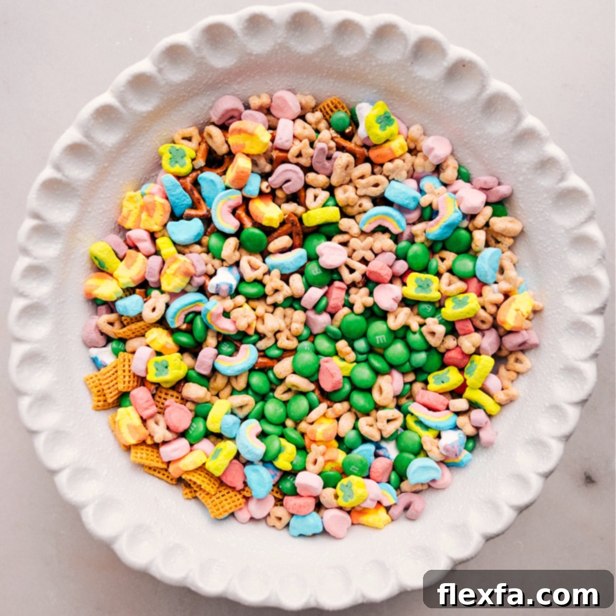 All the dry ingredients are in the bowl, ready to mix before the white chocolate is added.