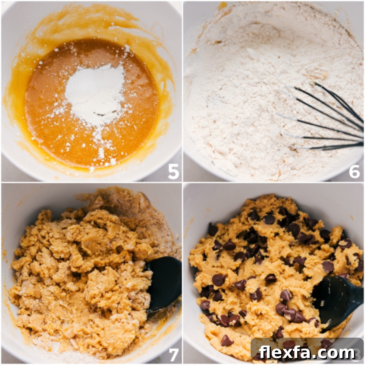 A close-up view of cookie dough being mixed in a large bowl, with a wooden spoon blending dry ingredients into the wet mixture until just combined.