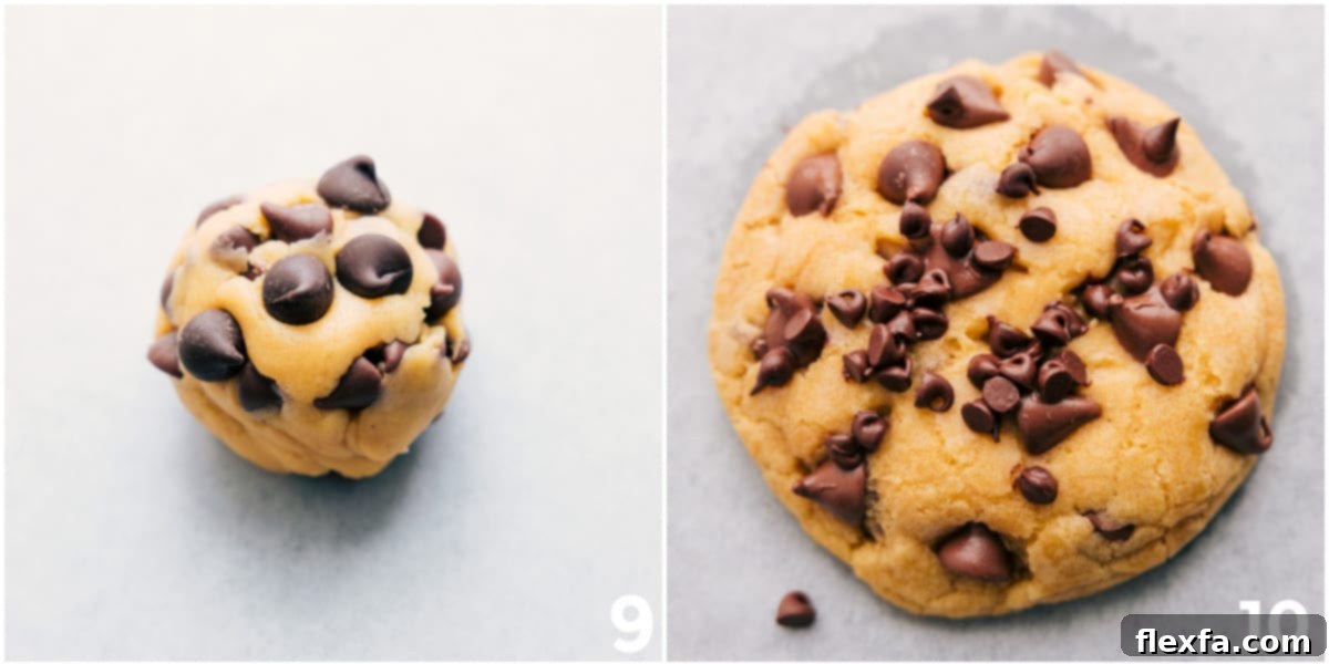 Perfectly portioned cookie dough balls resting on a parchment-lined baking sheet, ready for the oven to transform them into bakery-style chocolate chip cookies.