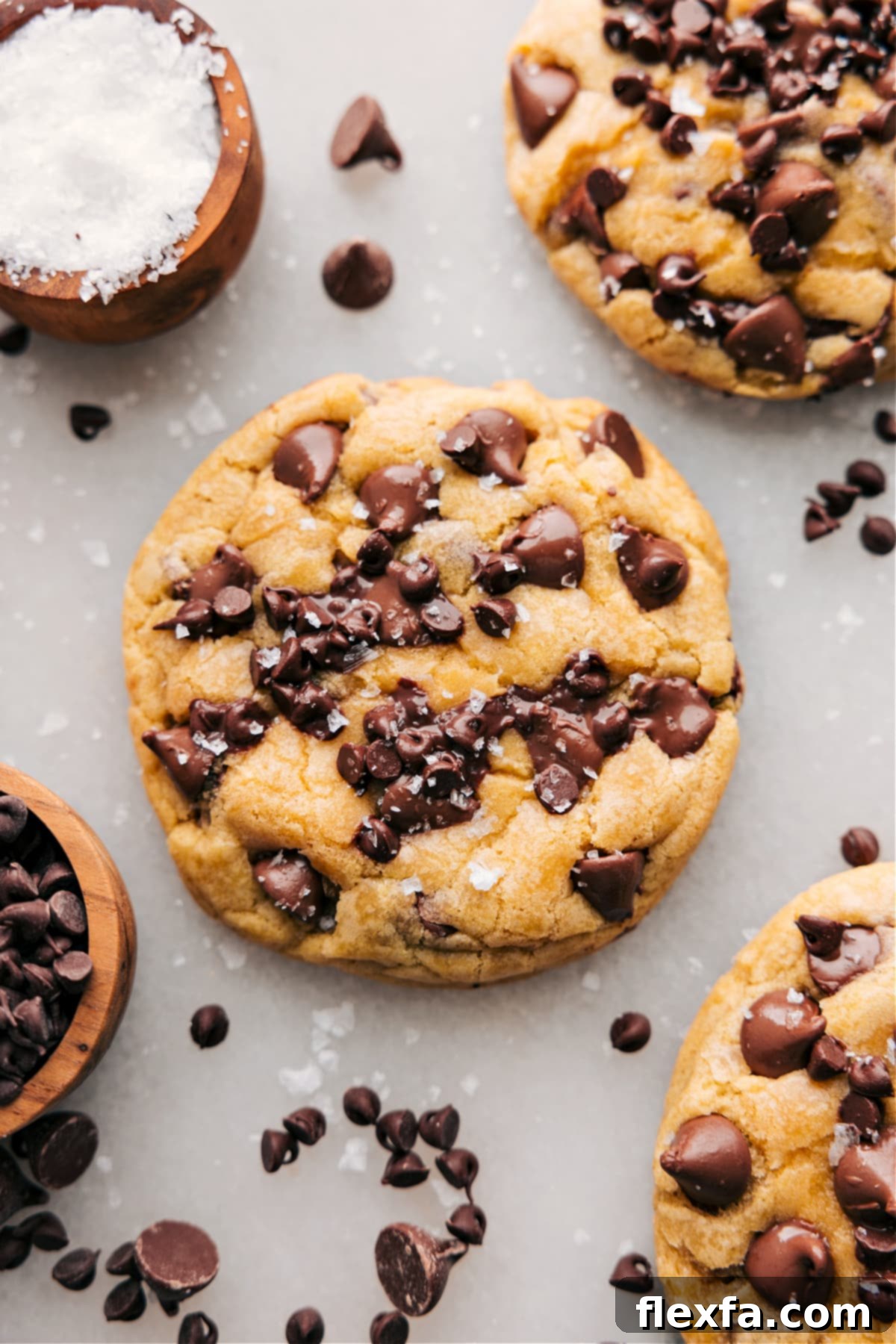 Freshly baked bakery-style chocolate chip cookies artfully arranged and sprinkled with flaky sea salt, highlighting their irresistible texture and balance of flavors.