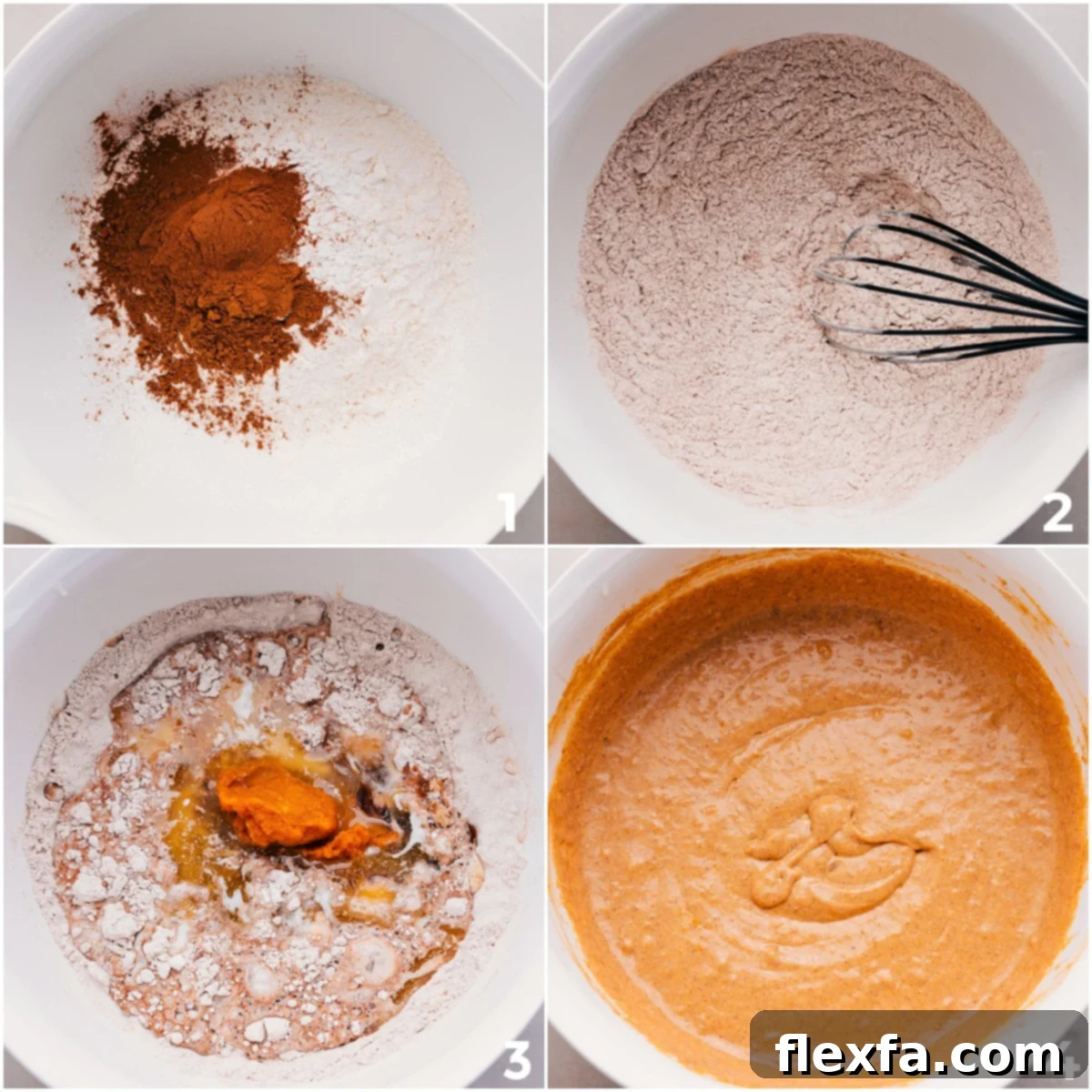 A large bowl containing a creamy pumpkin waffle batter, with a whisk resting in it after mixing the wet and dry ingredients together.