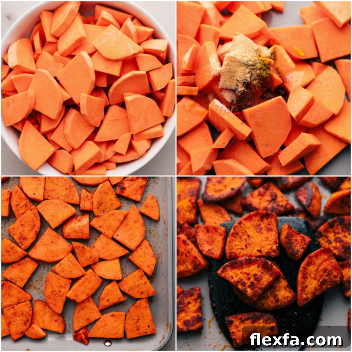 The Best Roasted Sweet Potatoes To Top Bowls Diced sweet potatoes seasoned generously with olive oil, paprika, garlic powder, salt, and pepper, spread on a baking sheet, ready for roasting to achieve perfect char and tenderness.