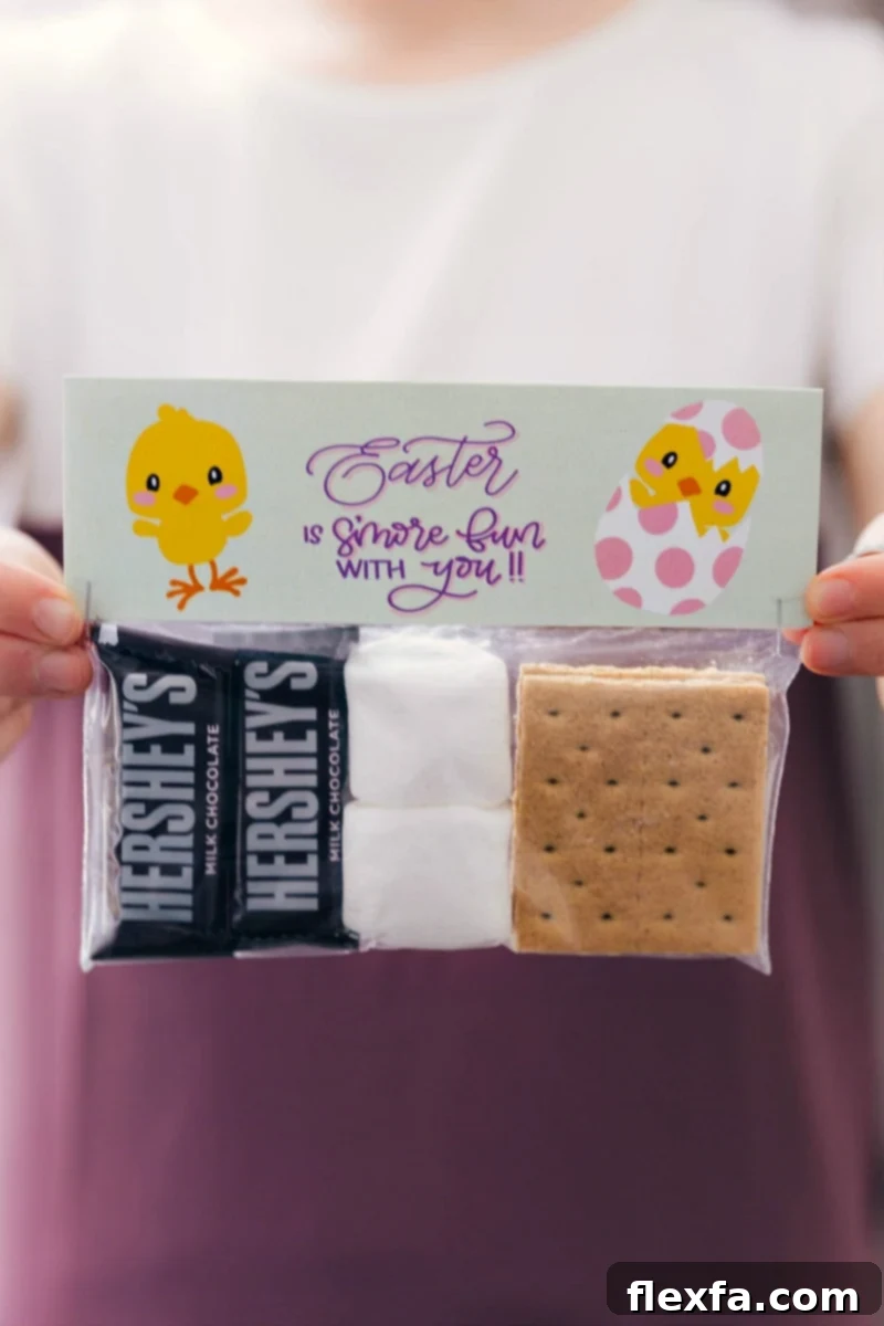 Easter S'more Fun Treat Bag A cheerful hand holding an 'Easter is S'more Fun' treat bag filled with s'mores ingredients, showcasing the fun design.