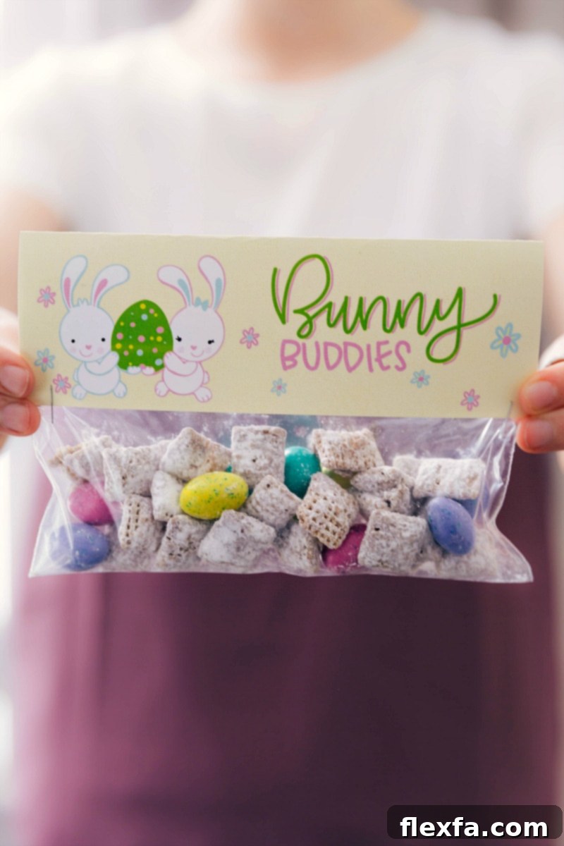 Bunny Buddies Treat Bag with Muddy Mix A festive 'Bunny Buddies' bag topper featuring the delicious Easter Muddy Buddy snack mix, a perfect homemade gift.