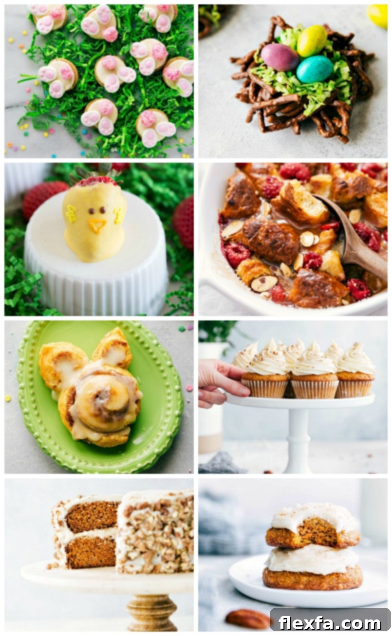 8 Additional Easter Treats A collage of 8 additional irresistible Easter dessert and treat ideas, including cookies, nests, strawberries, and cakes.
