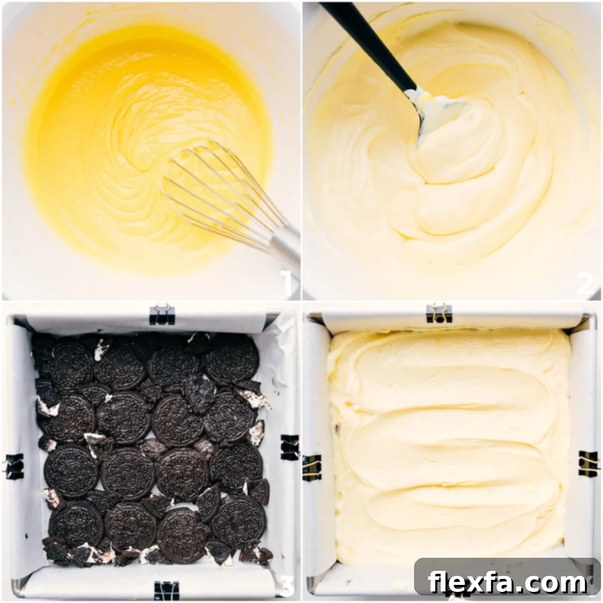 A step-by-step visual of the Oreo Icebox Cake assembly. Starting with a base layer of Oreos, followed by creamy pudding mixed with whipped topping, and repeating layers, all assembled in a pan.