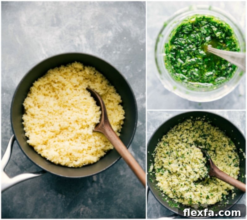 Process shot: A vibrant green herb sauce being drizzled generously over cooked couscous in a bowl.