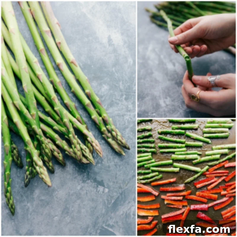 Process shot of colorful chopped vegetables – asparagus and red bell pepper – ready for roasting.