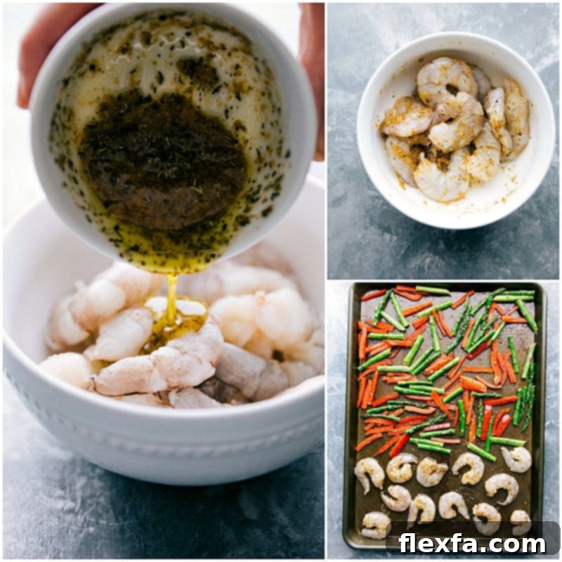 Process shot showing raw shrimp being seasoned with a spice mixture and then added to a sheet pan with roasted vegetables.