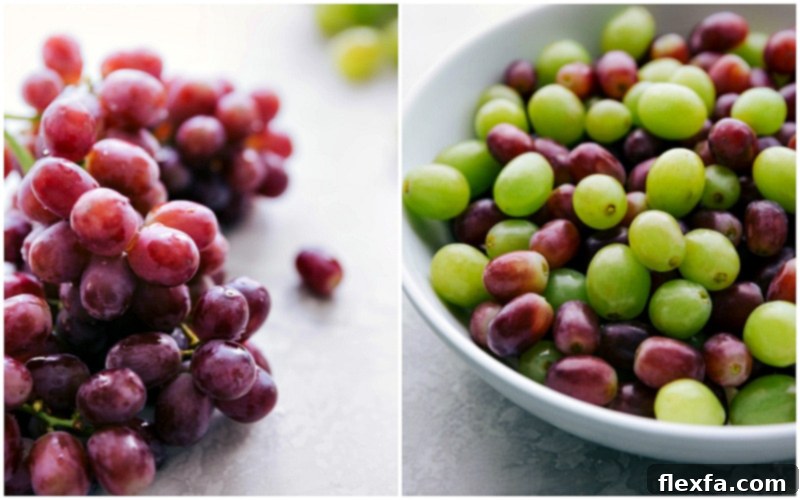 Grape Salad: A beloved creamy, crunchy, and sweet Southern dessert "salad" Freshly washed, vibrant red and green seedless grapes, ready to be transformed into a delicious Grape Salad.