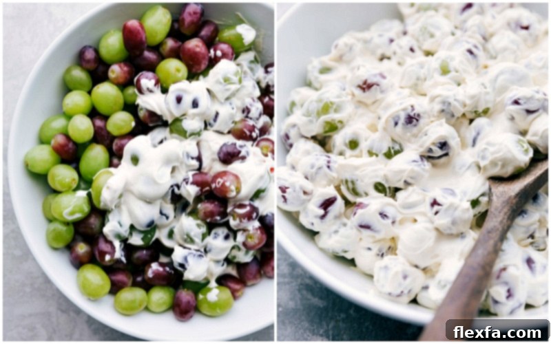 Our Favorite Creamy Grape Salad A close-up shot of the creamy yogurt and cream cheese dressing being perfectly mixed in a bowl, ready to coat the fresh grapes.