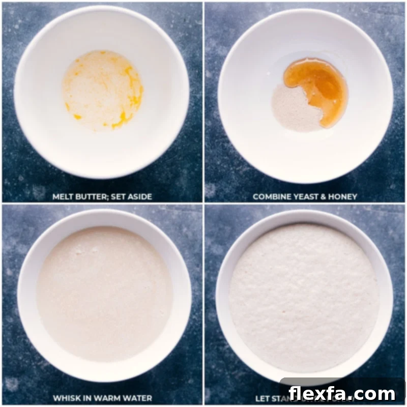 Process shots showing the initial steps for no-knead dinner rolls: warm water, yeast, and honey being combined in a bowl, demonstrating the proofing stage.