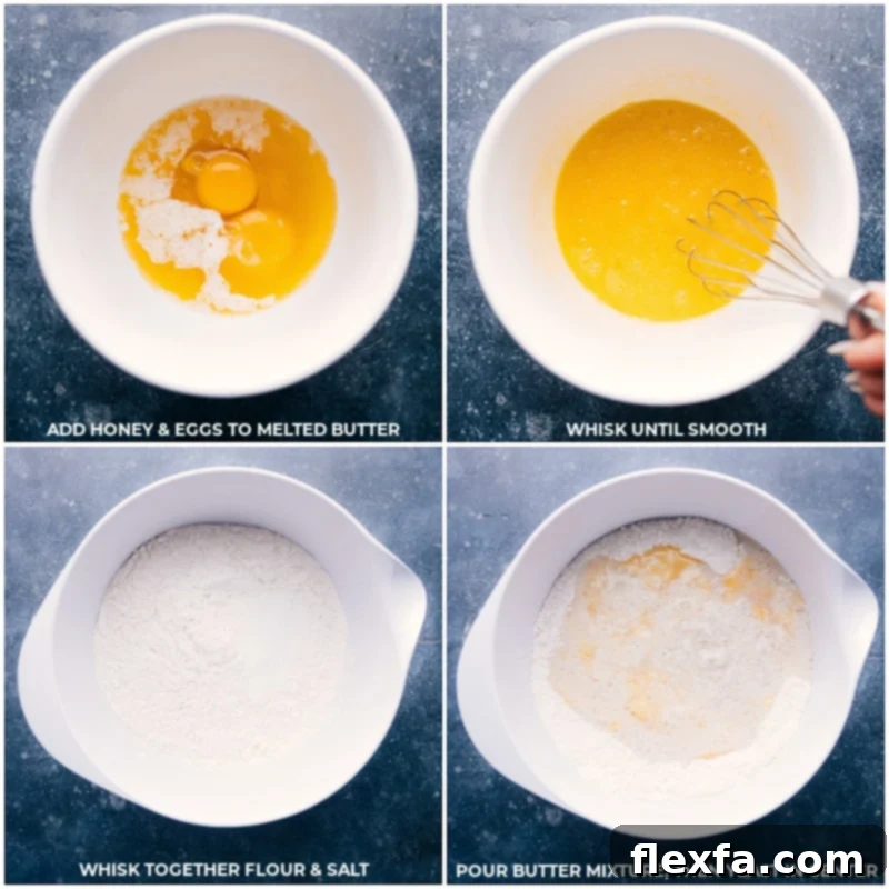 Process shots detailing the mixing of ingredients for no-knead dinner rolls: honey, eggs, melted butter, flour, and salt being added to a bowl, showing the easy, no-mixer method.