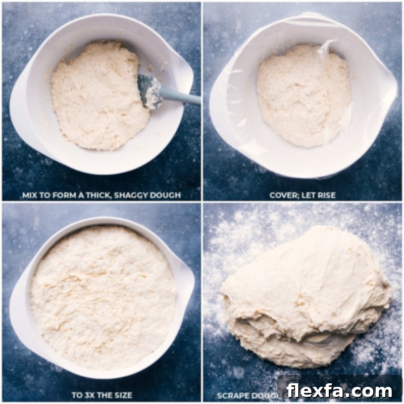 Process shots of no-knead dinner rolls dough being covered with plastic wrap and allowed to rise, illustrating the first critical step for fluffy results.
