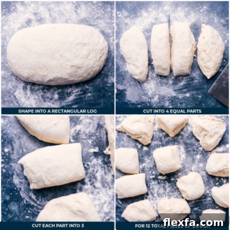 Process shots showing the detailed method of how each no-knead dinner roll is formed into a smooth, round ball before its second rise and baking.