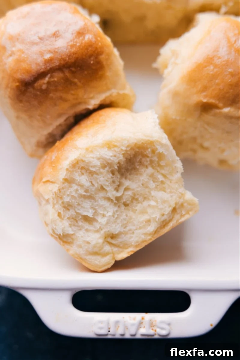Overhead image of a pan of Life-Changing No-Knead Dinner Rolls, freshly baked and buttered, ready to be served as a delightful addition to any meal.