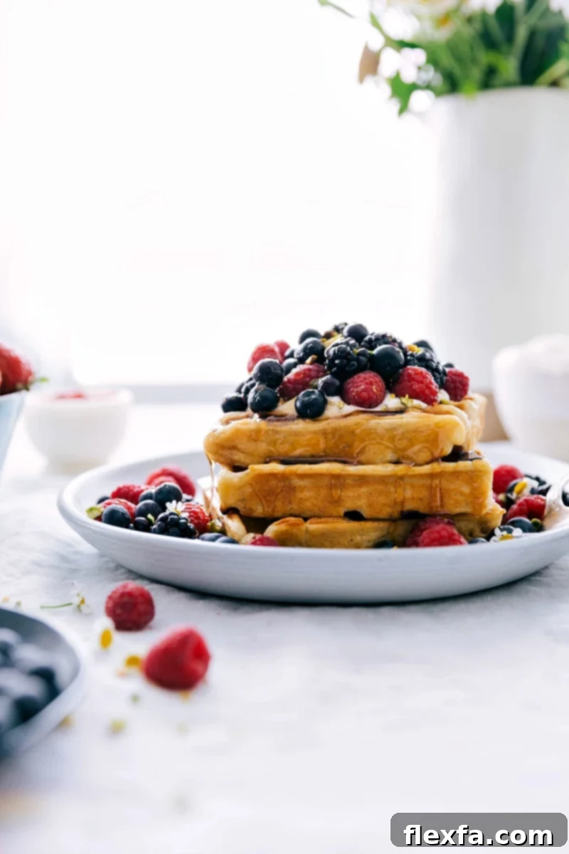 A stack of perfectly golden waffles adorned with fresh berries and a dollop of whipped cream, with rich syrup cascading down the sides. The ultimate homemade waffle recipe.