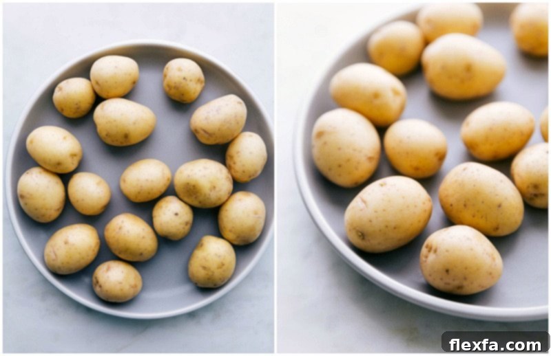High-quality Yukon gold baby potatoes, ideal for this easy 20-minute Sausage and Potatoes Skillet dinner. They cook quickly and become deliciously crispy. Close-up image of small, round Yukon gold baby potatoes, ready for preparation in the Sausage and Potatoes Skillet meal, highlighting their smooth, golden skins.