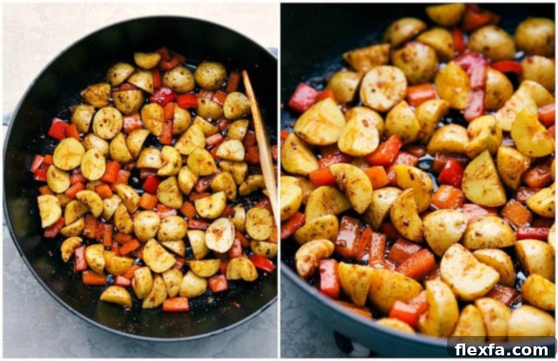The finished, perfectly cooked Sausage and Potatoes Skillet, a vibrant and easy 20-minute meal. A close-up shot of the finished Sausage and Potatoes Skillet, showcasing golden-brown potatoes, sliced sausage, and colorful bell peppers, ready to be served from the pan.