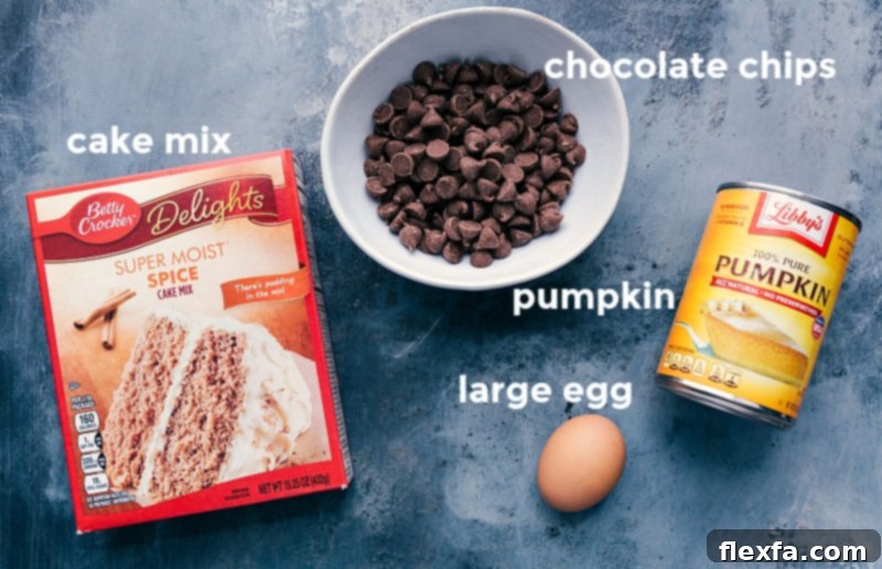 Ingredients for Cake Mix Pumpkin Cookies Ingredients laid out, including a box of cake mix, chocolate chips, a can of pumpkin puree, and an egg.