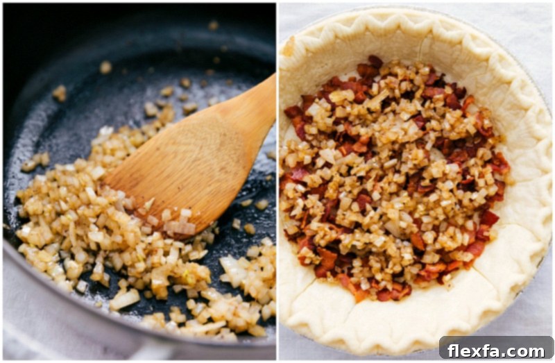 Golden brown onions and crispy bacon being added to a pre-baked pie crust, ready for the cheese and custard filling.