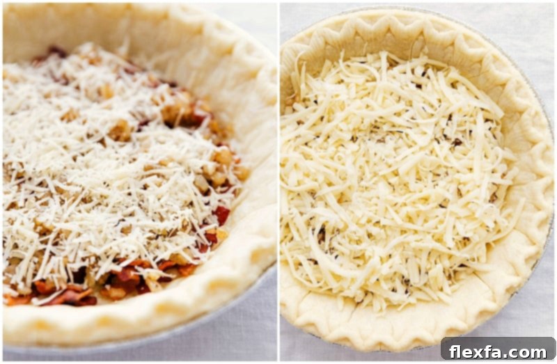 Grated Parmesan and Swiss cheeses being generously sprinkled over the bacon and onion mixture in a pie crust.
