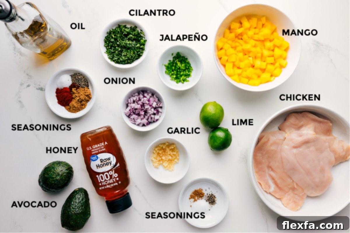 Key Ingredients for Easy and Flavorful Mango Chicken All fresh ingredients meticulously prepped for easy assembly of Mango Chicken, including raw chicken breast, juicy mangoes, fresh cilantro, fiery jalapeño, crisp red onion, aromatic garlic, essential seasonings like paprika and cumin, sweet honey, creamy avocado, and olive oil.