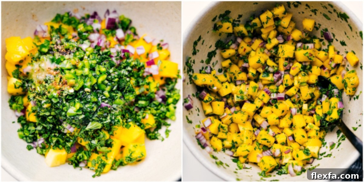 How To Make Vibrant Mango Salsa The fresh cilantro-lime mango salsa being mixed in a vibrant bowl, ready to top the grilled mango chicken.