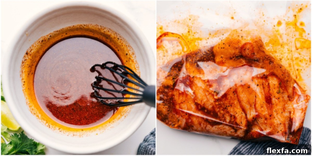 The Best Marinade For Mango Chicken The tangy and sweet marinade for mango chicken being whisked together in a bowl, then poured over the chicken breasts in a resealable bag to marinate.