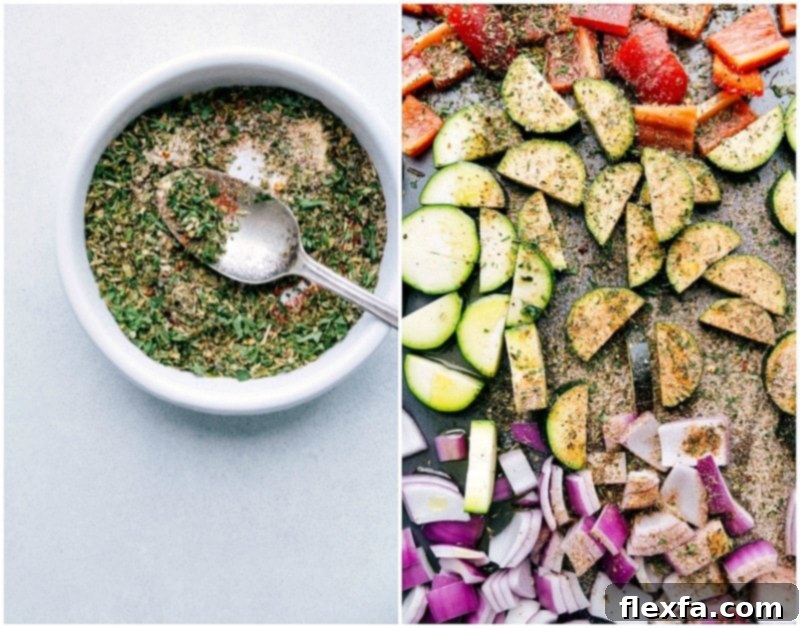 Italian seasoning mix being sprinkled generously over raw, chopped vegetables and gnocchi spread on a sheet pan.