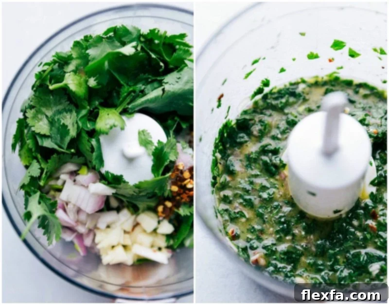 Fresh green cilantro sauce ingredients blended together for the baked gnocchi recipe, in a food processor.