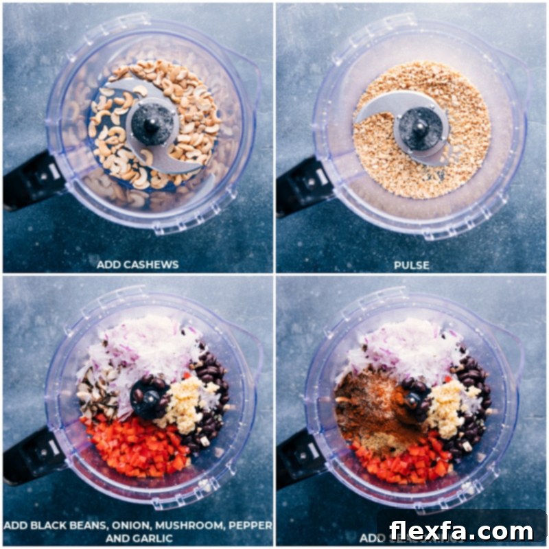 A vibrant selection of fresh ingredients laid out on a clean surface, including whole cashews, black beans, a yellow onion, sliced mushrooms, diced red bell pepper, and garlic cloves, all poised to be blended in a food processor for a homemade black bean burger recipe.