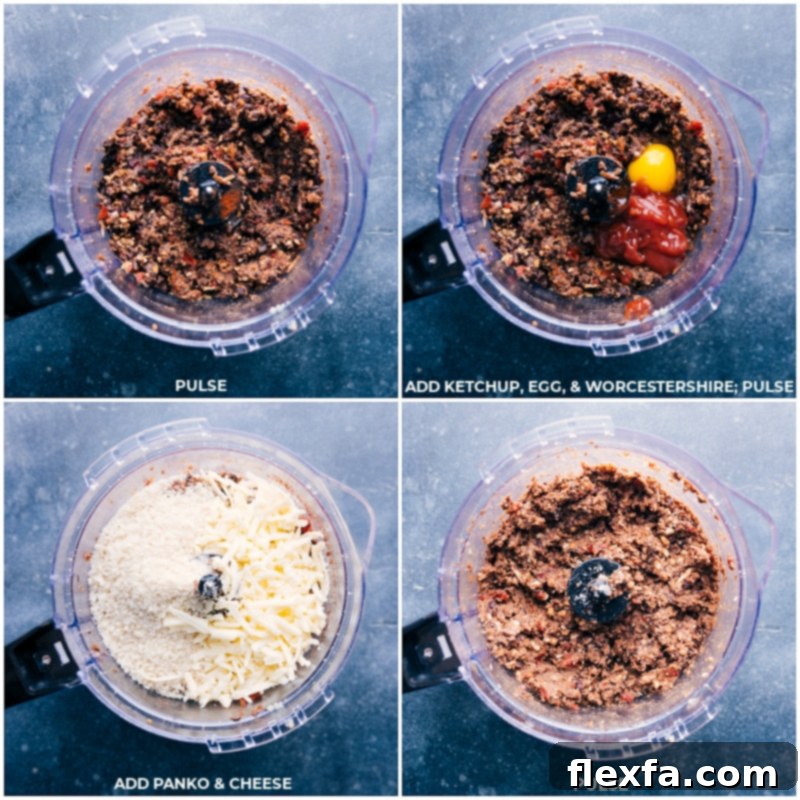 Ketchup, a cracked large egg, Worcestershire sauce, a bowl of Panko breadcrumbs, and a pile of shredded cheese are being carefully added to the food processor, which already contains the pre-pulsed black bean mixture.