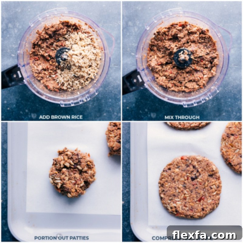 The cooking process showing brown rice being added to the blended black bean mixture, followed by the careful hand-shaping of individual patties on a parchment-lined tray, preparing them for chilling.