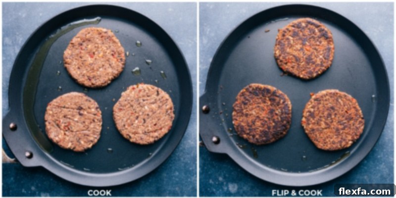 Two black bean burgers being expertly flipped and cooked on a hot pan or griddle, showcasing their beautifully golden-brown and crispy exterior after being cooked to absolute perfection.