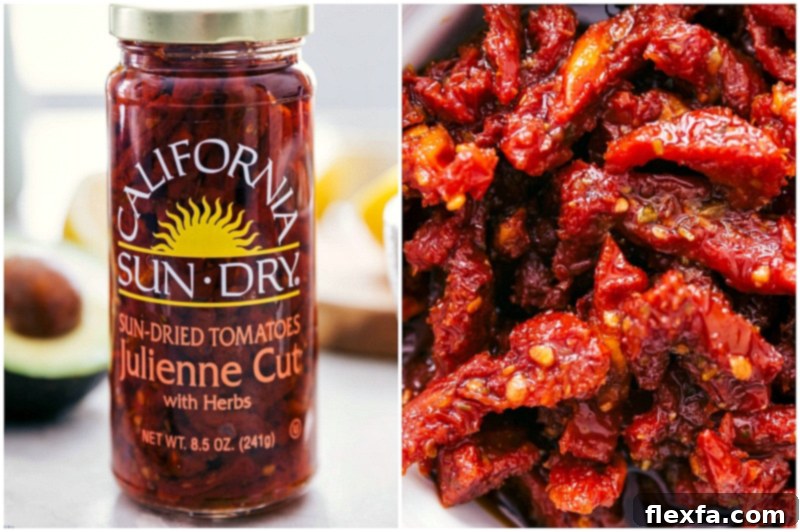 Close-up shot of sundried tomatoes, showing their rich color and texture, ready to be used in this sausage pesto meal.
