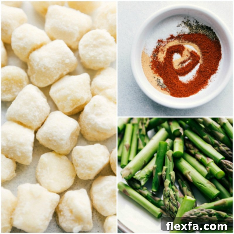 Process shot showing frozen cauliflower gnocchi, precisely cut asparagus pieces, and a simple seasoning mix in a small bowl, all ready for the sheet pan.