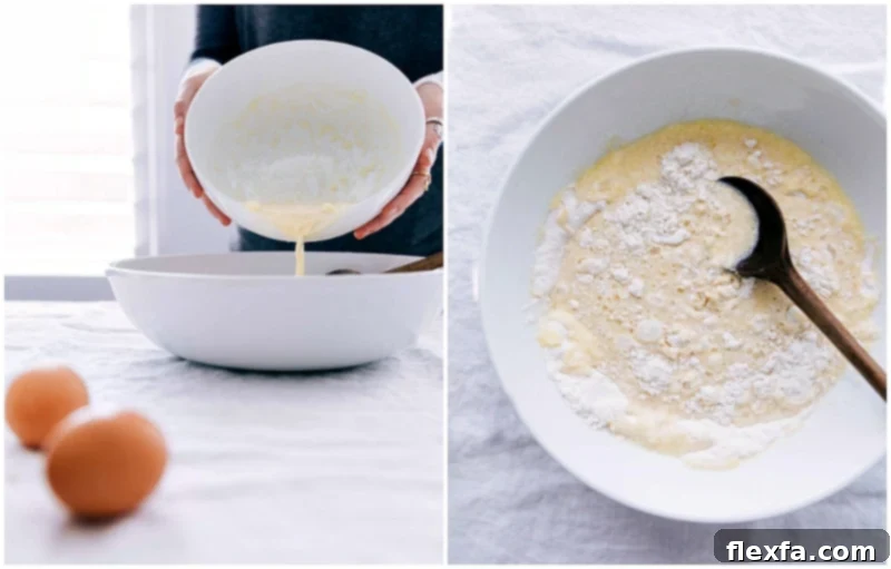 Butter and wet ingredients being added to the dry ingredients in a mixing bowl for the recipe.