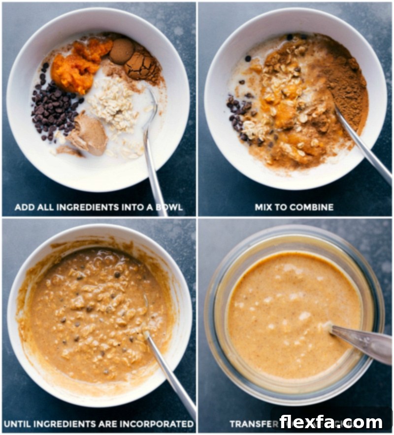 Preparing Pumpkin Chocolate Chip Overnight Oats: Mixing Ingredients and Transferring to Jar for Chilling A visual guide showing ingredients being added to a bowl, mixed thoroughly, and then transferred into an individual jar for chilling, illustrating the simple preparation.