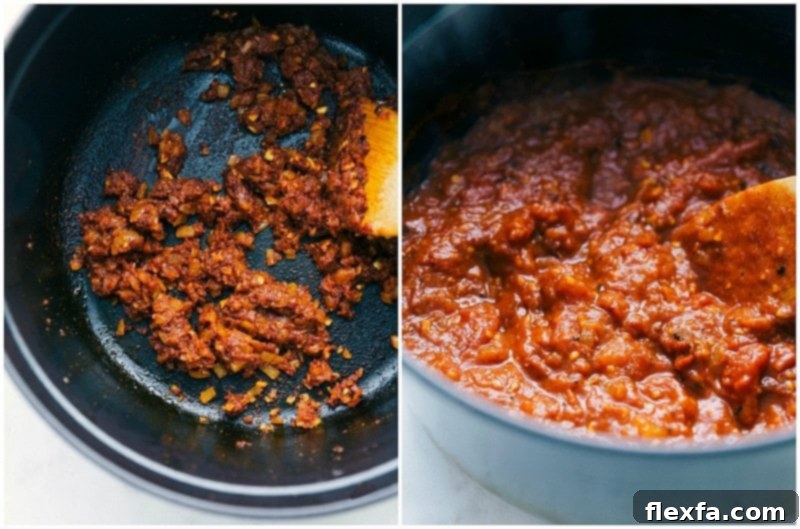 A mesmerizing close-up of vibrant ground spices being gently toasted in hot oil in a pan, creating a fragrant haze as they release their essential oils, forming the rich aromatic base before crushed tomatoes are added to build the masala sauce.