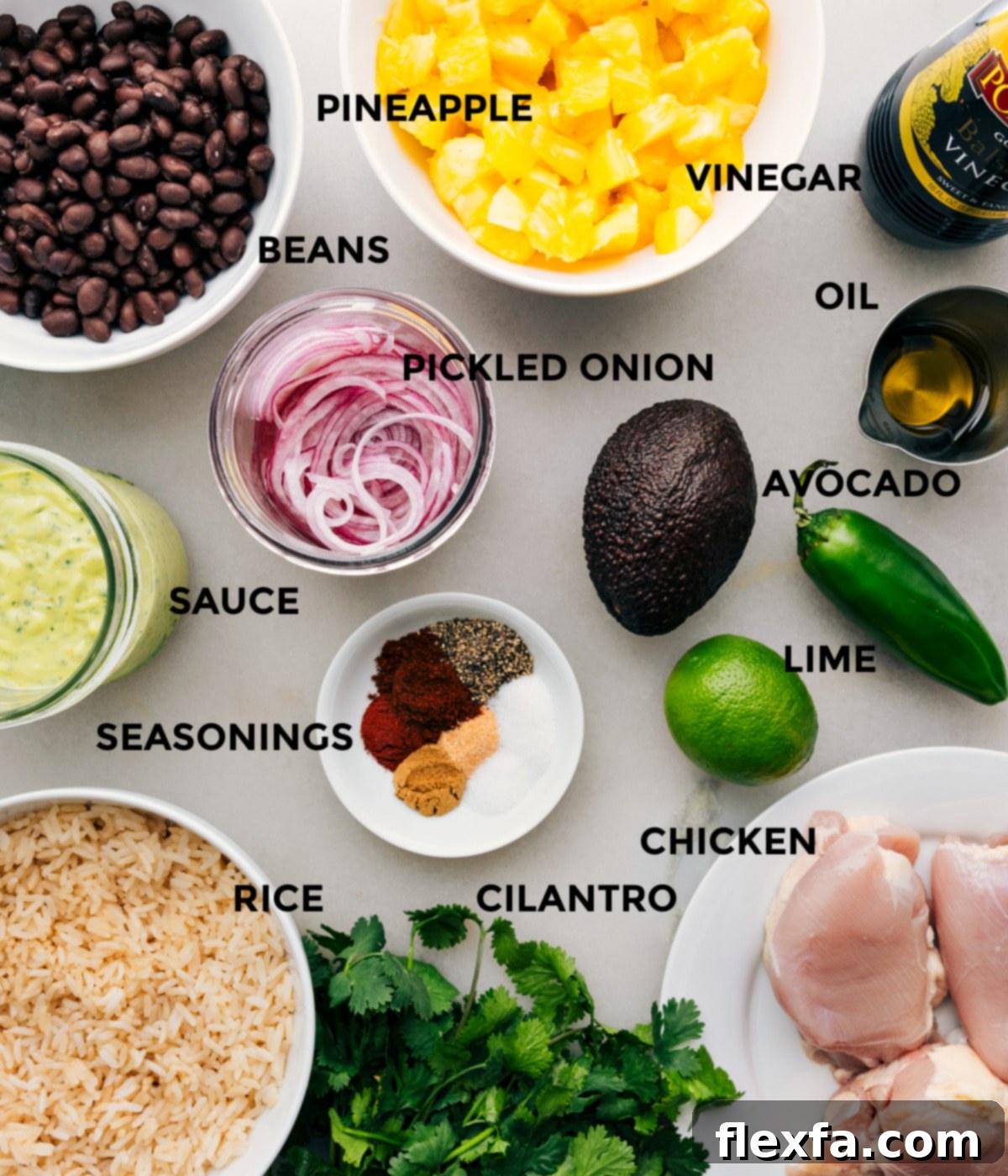 All the fresh ingredients for the Chicken Rice Bowl, prepped and ready for cooking.