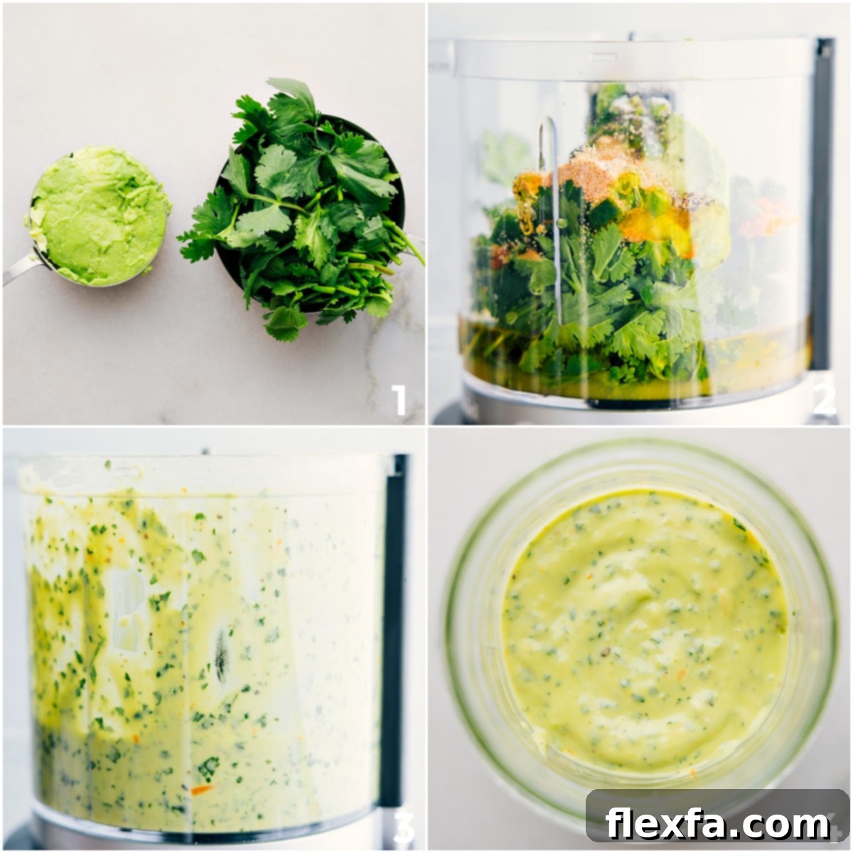 The creamy avocado sauce being blended in a food processor, ready to drizzle over the chicken rice bowls.