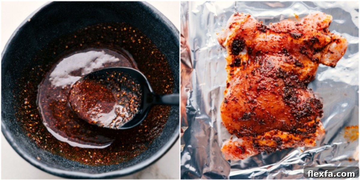 Applying the seasoning mixture to chicken thighs for a quick marinade.