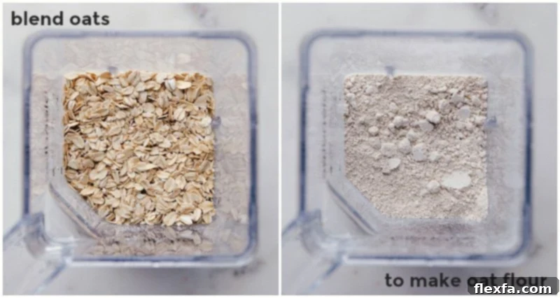 Oat flour being made in a blender, showing oats transforming into a fine powder.