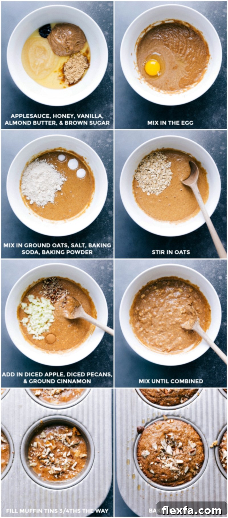 Gluten-free apple cinnamon muffins being made, showing steps from mixing wet and dry ingredients, combining them, filling a muffin tin, and the baking process.